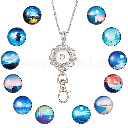 SUNNYCLUE 1 Box 12 Styles Snap Button Lanyard Women Office Lanyard ID Badges Card Lanyards for Keys Moon Cabochon Stainless Steel Chain Breakaway Snap Glass Buttons Jewellery Pendant Clip DIY-SC0019-99A-1
