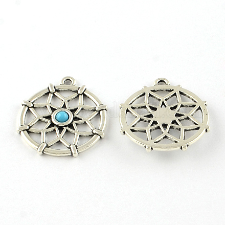 Filigree Flat Round Tibetan Style Alloy Synthetic Turquoise Pendants G-D732-AS-1