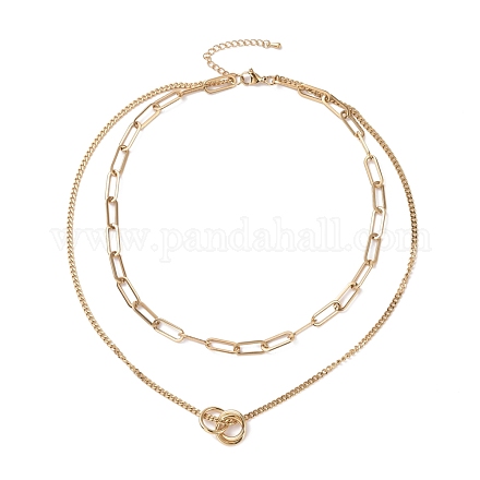 Vacuum Plating 304 Stainless Steel Double Chains Multi Layered Necklace with Rings Charm for Women STAS-E155-18G-1
