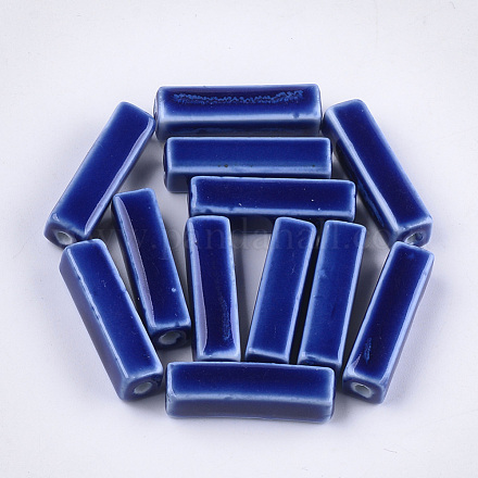 手作りの陶器ビーズ  光沢釉の磁器  直方体の  ダークブルー  25~29x7~10x7~10mm  穴：2.5~3mm X-PORC-S498-29A-1