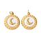 304 Stainless Steel Enamel Pendants, Flat Round with Moon Charm, with Jump Ring, Ion Plating(IP), Real 18K Gold Plated, White, 16.5x14x2.5mm, Hole: 2.5mm