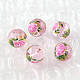 Perles rondes imprimées de motif de fleur rose en verre GFB-R004-10mm-W01-1