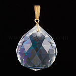 Glass Pendants, with Golden Plated Brass Pendant Bails, Faceted, Round, Clear AB, 35x31mm, Hole: 10x4mm