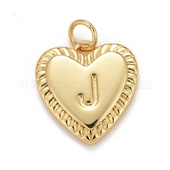 Placage en rack véritables pendentifs en laiton plaqué 18k or véritable, avec anneaux de jonction, Plaqué longue durée, sans plomb et sans cadmium et sans nickel, coeur avec la lettre a~z, letter.j, 16x15x2.5mm, anneau de jonction: 5x0.5mm, 3 mm de diamètre intérieur 