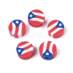 Perles en argile polymère faites à la main pour le jour de l'indépendance, plat rond avec le drapeau national, rouge, 9~10x4~5mm, Trou: 1.8~2mm