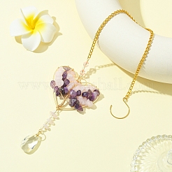 Drahtumwickeltes natürliches Rosenquarz- und Amethyst-Chip-Herz mit Baumanhänger-Dekoration&nbsp;HJEW-FS00019