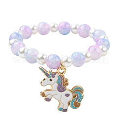 Stretch-Armband aus Glasperlen mit Einhorn-Anhänger aus legierter Emaille für Kinder&nbsp;BJEW-JB09555