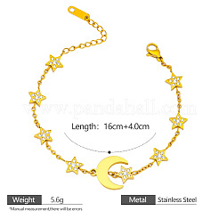 Bracciale da donna in acciaio inossidabile 304 con maglie a forma di luna e stella e zirconi cubici trasparenti micro pavé.&nbsp;WG4658D-02