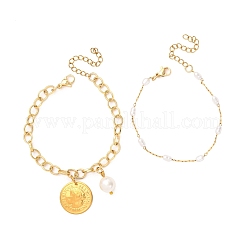 2pcs 2 styles 316 bracelets à maillons en acier inoxydable chirurgical en plastique imitation perles et bracelets à breloques en acier inoxydable 304 pour femmes&nbsp;BJEW-JB12421