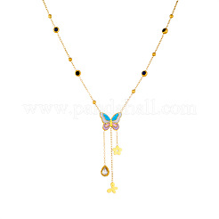 Colliers pour femmes en acier inoxydable 304 émaillé avec pendentif papillon et fleur à pompon coloré en zircon cubique transparent&nbsp;FS-WGAFF89-01