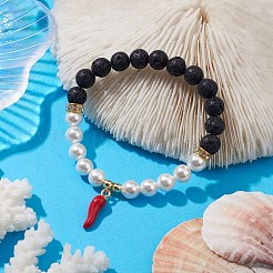 Bracelets extensibles en perles de lave naturelles rondes de 8 mm et perles de coquillage&nbsp;BJEW-JB10243