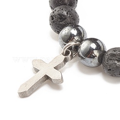 Juego de 2 pulsera elástica de 2 estilos de roca de lava natural y hematita sintética con cabeza y cruz budista de acero inoxidable 304&nbsp;BJEW-JB08289
