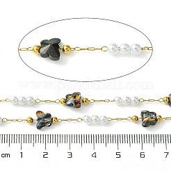 Cadenas de eslabones de vidrio con forma de mariposa y perlas de plástico ABS y acero inoxidable 304 con revestimiento iónico (IP) de 10 m&nbsp;CHS-G035-04G-01