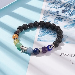 Bracelet extensible en pierre de lave naturelle et mélange de pierres et de tubes en alliage avec mauvais œil au chalumeau&nbsp;BJEW-JB08320-02