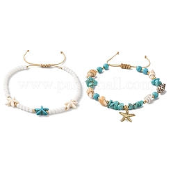 2 stücke 2 arten sommer strand synthetische türkis & natürliche muschel & glas geflochtene perlen fußkettchen&nbsp;AJEW-TA00039