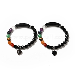 Pulsera elástica con cuentas de piedras preciosas mixtas naturales con colgante de corazón para mujer&nbsp;BJEW-K164-B-A