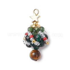 Pendentifs de sapin de Noël en agate onyx verte naturelle ronde à facettes (teinte et chauffée) et fuchsite et perles de verre&nbsp;PALLOY-MZ00806