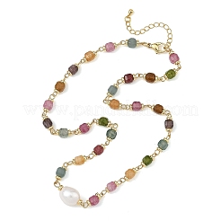 Collane a catena con perline cubiche sfaccettate di tormalina multicolore naturale e perle di riso naturali&nbsp;NJEW-JN06608