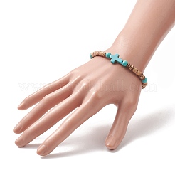 Bracelet extensible en perles turquoises synthétiques teintées de noix de coco et de croix pour hommes femmes&nbsp;BJEW-JB09293