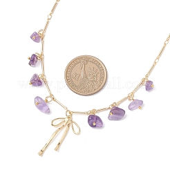 Colliers avec pendentif en forme de nœud papillon en laiton et puce d'améthyste naturelle et barre en laiton&nbsp;NJEW-JN05429-03