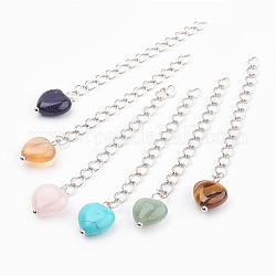 Rallonge de chaîne en laiton, avec des perles de pierres fines, cœur, platine, 73x4mm, cœur: 15x10x5 mm