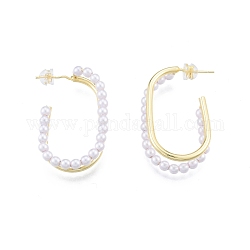 Aretes ovalados de perla de imitación de plástico ABS, pendientes de medio aro de latón para mujer, real 18k chapado en oro, 35x20.5x7mm, pin: 0.8 mm