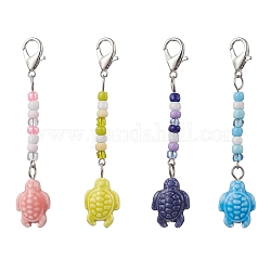 Ocean Themed 4Pcs 4 Colors Handmade Porcelain Pendant Decorations, with Glass Seed Beads and Zinc Alloy Lobster Claw Clasps, Tortoise, Mixed Color, 73mm, 1pc/color, 4pcs/set