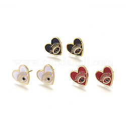 Brass Enamel Stud Earrings, Heart with Evil Eye, Golden, Mixed Color, 13x14x2mm, Pin: 1mm