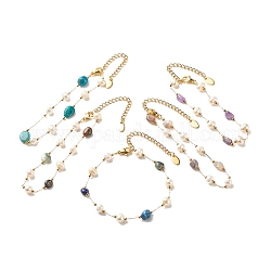 Pulsera de cuentas de perlas y piedras preciosas naturales, joyas de acero inoxidable chapado en oro para mujer., 7-1/4~7-1/2 pulgada (18.5~19 cm)