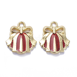 Golden Plated Alloy Enamel Pendants, for Christmas, Christmas Red Stripe Bell, Gold, 19x17x3mm, Hole: 2mm