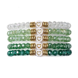 5Pcs Glass & Brass & Acrylic Beaded Stretch Bracelets Set, Heart Stackable Bracelets, Light Green, Inner Diameter: 2-1/8 inch(5.4cm)