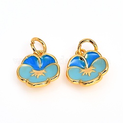 Brass Enamel Charms, Long-Lasting Plated, Flower, Real 18K Gold Plated, Light Sky Blue, 12x10.5x3.5mm, Hole: 3mm