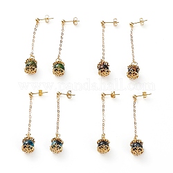 Dangle Stud Earrings, with Gold Sand Lampwork Beads, 304 Stainless Steel Stud Earrings Findings, Brass Ear Nuts & Cable Chains, Round, Golden, Mixed Color, 65mm, Pin: 0.8mm