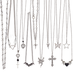 FIBLOOM 12Pcs 12 Style Heart & Cross & Butterfly & Bat Alloy Enamel Pendant Necklaces Set with Rhinestone, Iron Thorns Link Chains Stackable Necklaces for Women, Antique Silver, 15.55~25.39 inch(39.5~64.5cm), 1Pc/style