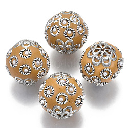 Perline  indonesia fatto a mano, con rilievi in abs di plastica imitazione e ottone, tondo, argento antico, arancione, 22mm, Foro: 1.8 mm