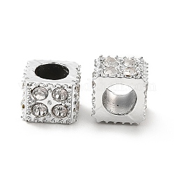 Accumuler strass de placage en alliage de perles européennes, Perles avec un grand trou   , cube, platine, 8x8x6mm, Trou: 4.5mm