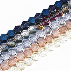 Chapelets de perles en verre électroplaqué, hexagone plaqué couleur ab, couleur mixte, 7x8x4.5mm, Trou: 1.5mm, Environ 71~72 pcs/chapelet, 19.69 pouce (50 cm)