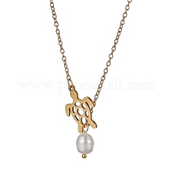 Collares de perlas naturales y tortuga hueca, con placas de iones (ip) 304 cadenas portacables de acero inoxidable, dorado, 24.57 pulgada (62.4 cm)