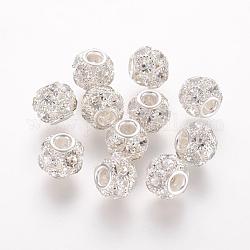Perline in ottone, con grado a  rhinestone, rondelle, colore argento placcato, cirstallo, 12x10mm, Foro: 4 mm