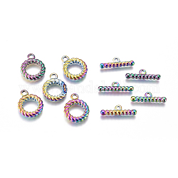Ion Plating(IP) 304 Stainless Steel Toggle Clasps, for DIY Jewelry Making, Rainbow Color, Ring: 19x15x3mm, Hole: 2.5mm, Inner Diameter: 9mm, Bar: 21x6.5x3mm, hole: 2mm