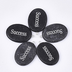 Natural Black Stone Pendants, with Iron Findings, Oval with Word Success, Platinum, 43~44x29~30x5~6mm, Hole: 2mm