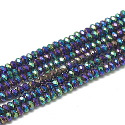 Abalorios de vidrio electroplate hebras, facetados, rerondana plana, púrpura medio, 2.5x1.5mm, agujero: 0.8 mm, aproximamente 160~165 pcs / cadena, 13.78 pulgada ~ 14.17 pulgadas (35~36 cm)