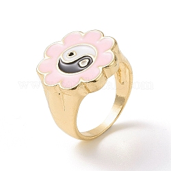 Fiore smaltato con anelli yin yang, anello a sigillo da donna in lega d'oro chiaro, rosa nebbiosa, misura degli stati uniti 7 3/4 (17.9mm)