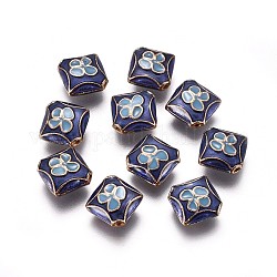 Perles d'émail en alliage, losange avec fleur, or, bleu, 11.5x12x5mm, Trou: 1.2mm, longueur de côté: 10 mm