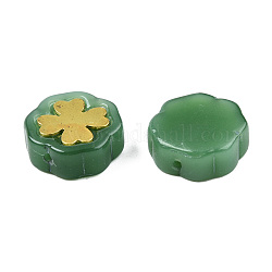 Imitation Jade sprühlackierte Glasperlen, mit vergoldenden Messing Zubehör, Blume, grün, 12x12x4.5 mm, Bohrung: 1 mm