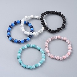 Bracelets pierres précieuses extensibles naturelles et synthétiques, avec des perles rondes oeil de chat, 2-3/8 pouce (6 cm)