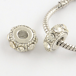 Piatto d'argento antico rotondo placcato perline europei rhinestone della lega, perline con foro grande, cirstallo, 14~15x6~7mm, Foro: 5 mm