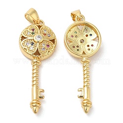 Brass Micro Pave Cubic Zirconia Pendants, Lead Free & Cadmium Free, Skeleton Key with Clover Charms, Real 18K Gold Plated, 35.5x13x5mm, Hole: 5.5x3mm