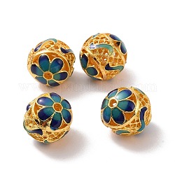 Hohl Legierung Perlen, mit Emaille, Runde mit Blume, mattgoldene Farbe, blaugrün, 14 mm, Bohrung: 2 mm