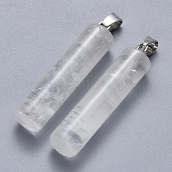 Pendentifs de cristal de quartz naturel, pendentifs en cristal de roche, avec pince de serrage en fer couleur platine, colonne, 43~46x10mm, Trou: 4x7mm